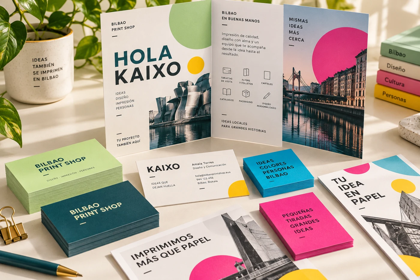 Tarjetas de visita y folletos impresos con diseño elegante