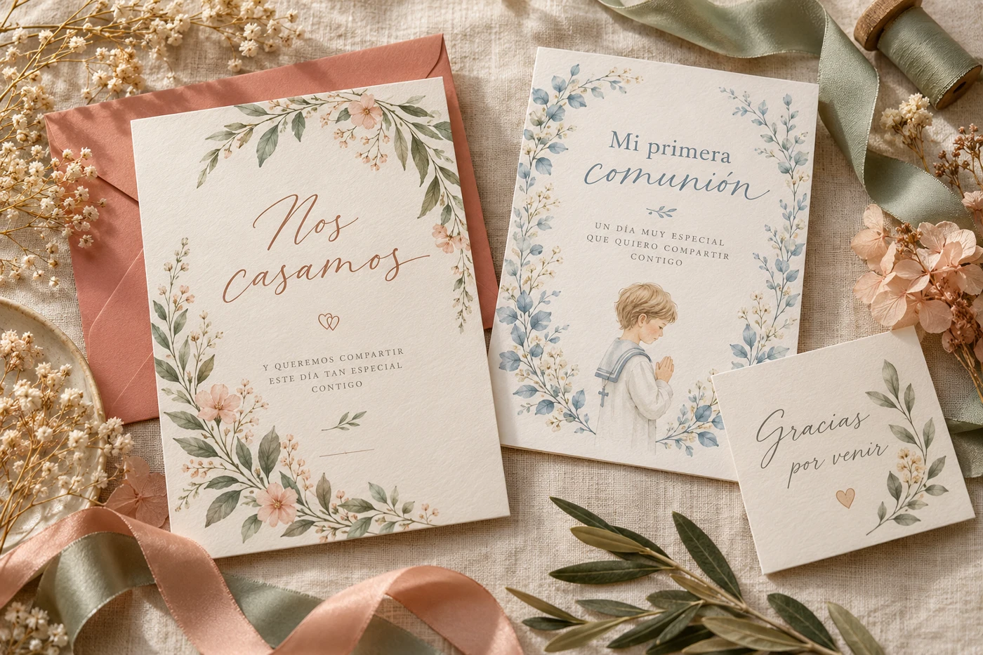 Invitaciones impresas de boda y comunión con sobres, tarjetas, lazos y flores secas