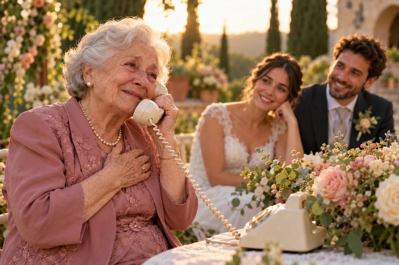 Abuela grabando un mensaje en una boda · escena creada con IA