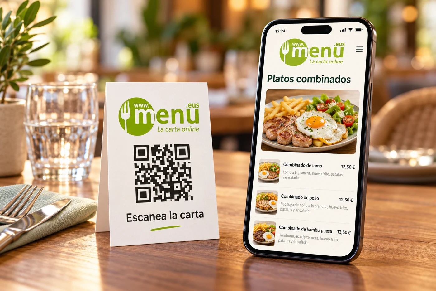 Carta digital de menu.eus en un móvil junto a un QR sobre la mesa