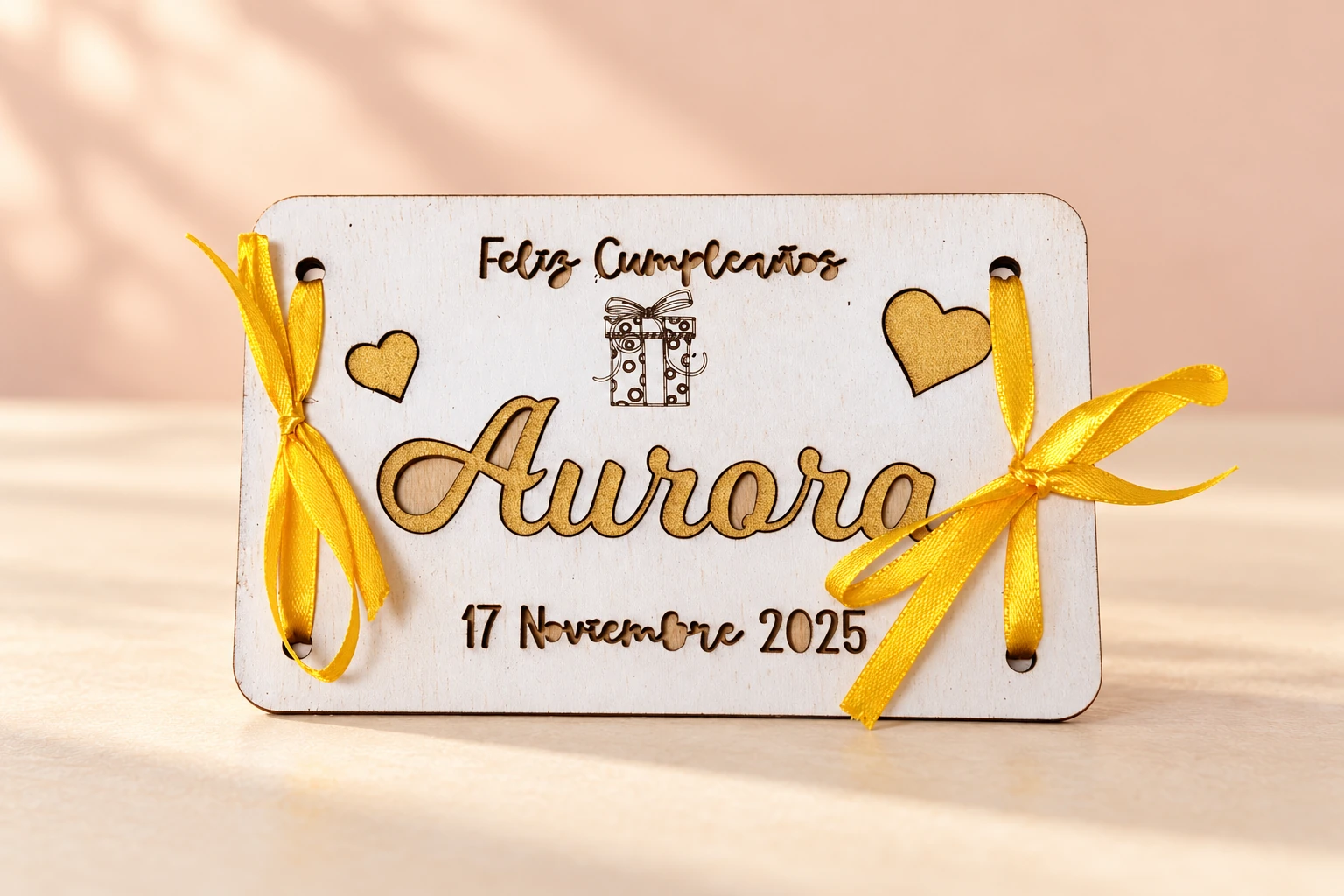 Sobre de madera blanco para regalar dinero con nombre Aurora y lazos amarillos