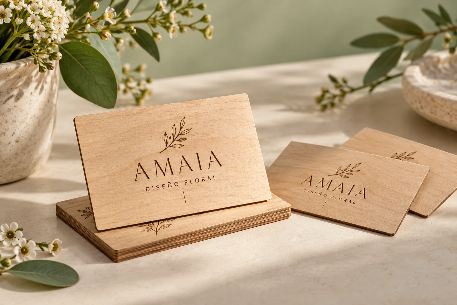 Tarjetas de visita de madera con datos grabados