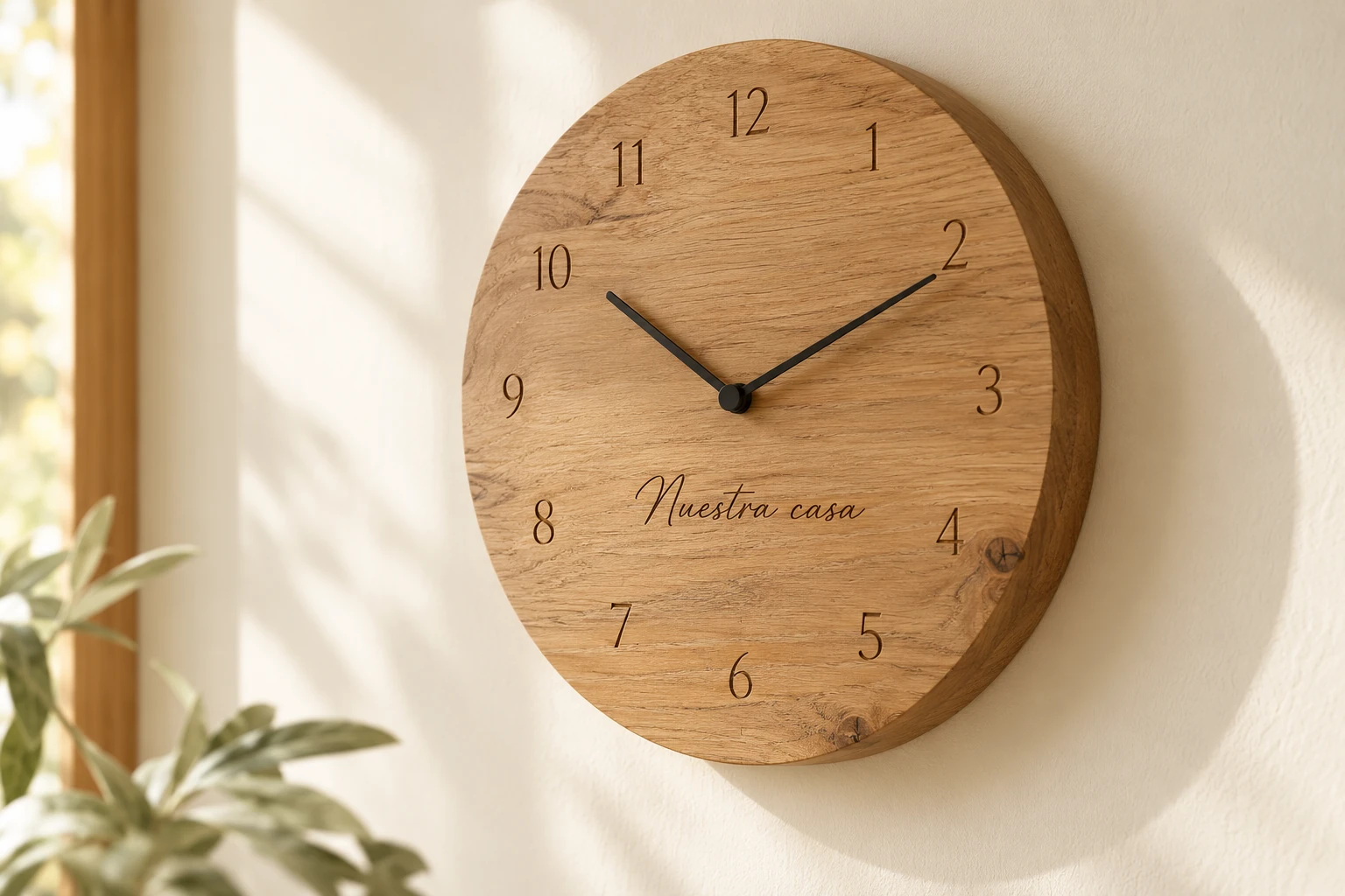 Reloj de pared de madera natural con texto grabado