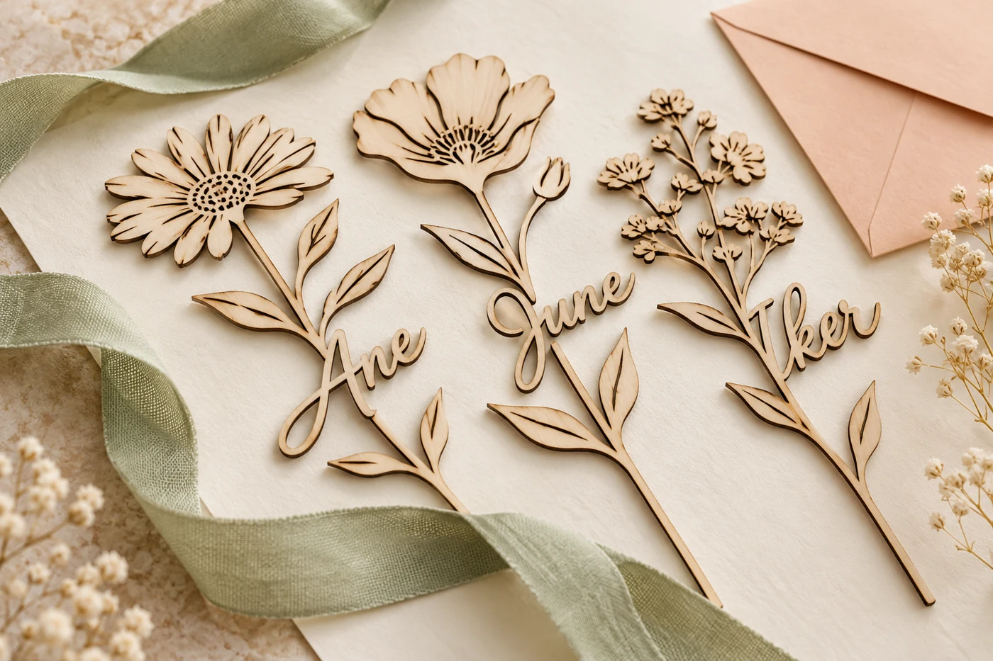 Flores de madera con nombre · imagen ilustrativa